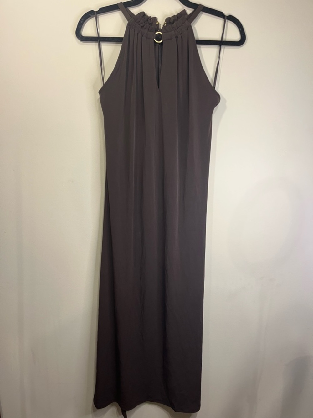 Michael Kors Sleeveless Dark Brown Halter Maxi Dress with Gold Ring